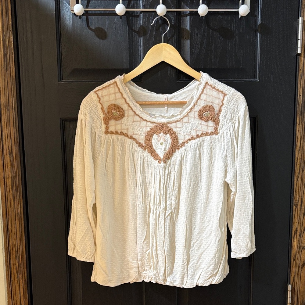Free People Cream Blouse with Tan Embroidered Yoke